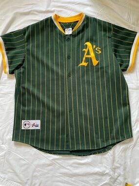 Vintage Majestic Oakland A’s Green and Yellow Pinstripe Baseball Jersey